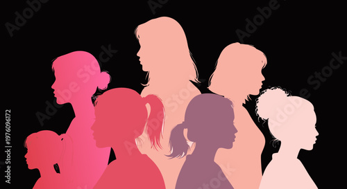Diverse group of women's silhouettes in shades of pink and purple, representing femininity and unity