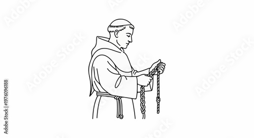 Line drawing of a monk in robes holding a knotted rope