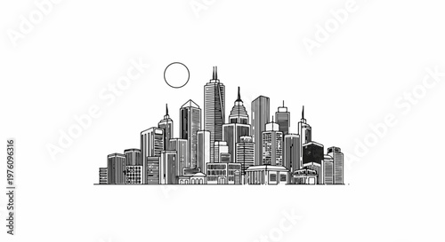 Minimalist line art of a sprawling cityscape with a circle representing the sun