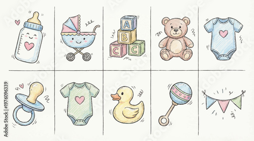 Cute baby items and toys illustration.
