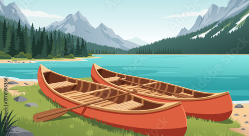 Two red canoes resting on a tranquil lake shore with lush green pine trees and majestic mountains in the background