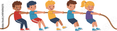 Group of kids playing tug of war game, teamwork activity children cartoon illustration fun competition concept