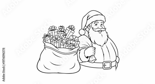 Jolly Santa Claus with a sack full of gifts, wearing his traditional suit and hat