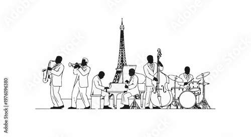 Jazz band playing instruments with Eiffel Tower and piano