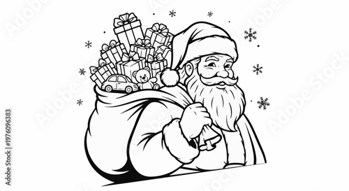 Jolly Santa Claus carrying a sack full of gifts, surrounded by snowflakes