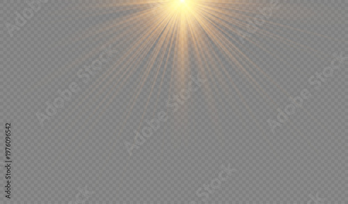  Warm sunlight lens flare effect with starburst rays and glowing light.