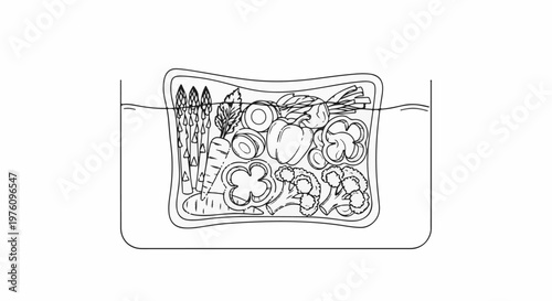 Line art of assorted fresh vegetables packed in a plastic bag submerged in water