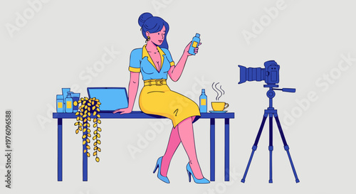 A Woman Demonstrating a Product for an Online Video Tutorial with a Laptop and Camera