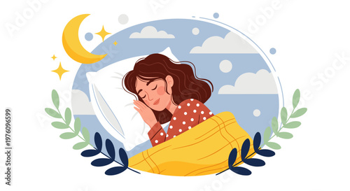 Peaceful night sleep illustration featuring a serene woman slumbering soundly, surrounded by starry sky and crescent moon