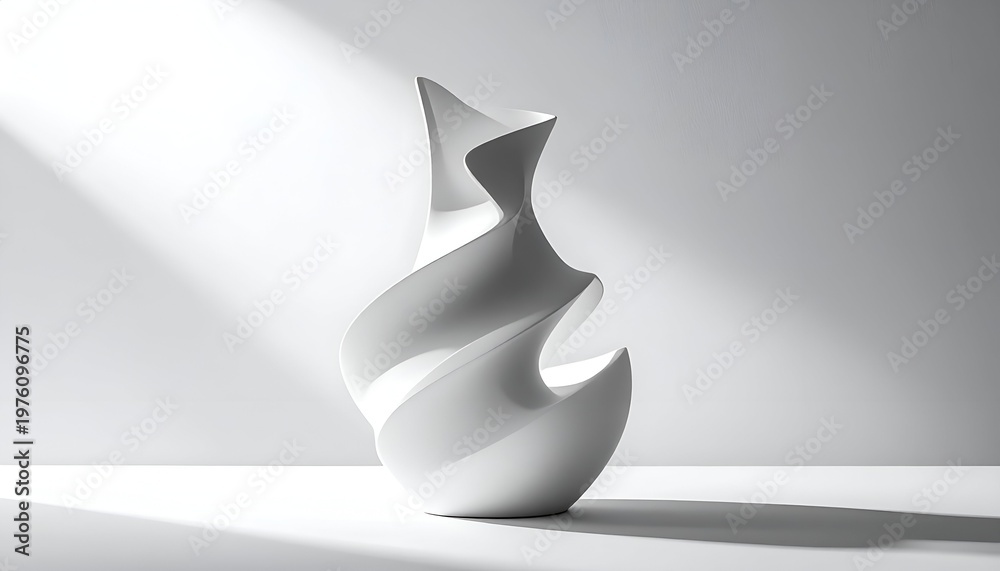 Fototapeta premium A sleek, modern white ceramic vase with a fluid, swirling design. Soft light illuminates the sculpture, highlighting its curves
