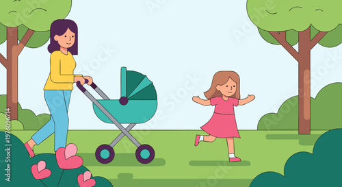Mother Pushing A Stroller With Her Daughter Running in a Park