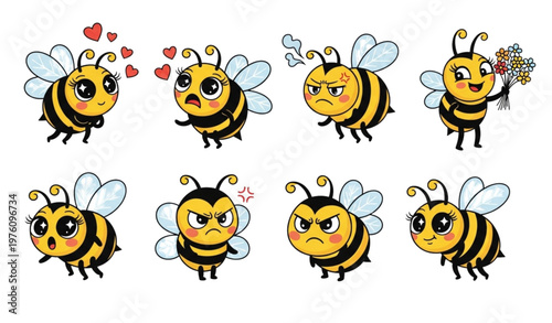 Kawaii cute bee vector set with big eye characters showing love emotion anger and holding flowers isolated on white background for children illustration