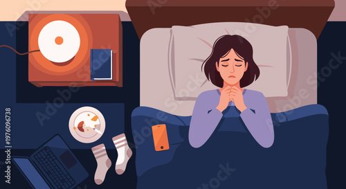 Feeling Sad And Lonely In Bed At Night, Woman Experiencing Depression And Insomnia