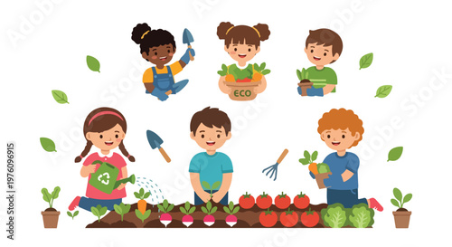 This colorful vector illustration depicts a group of diverse children happily gardening and harvesting fresh vegetables in a community garden.
