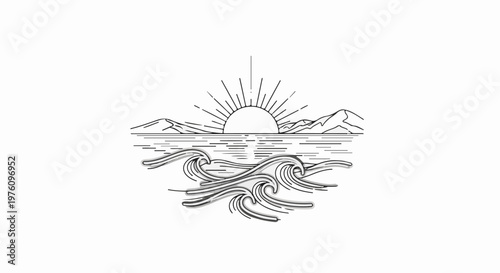 Minimalist depiction of a sunrise over a wavy ocean with mountains