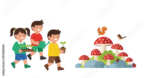 Three happy children carry gardening supplies and seedlings towards a scenic group of red mushrooms inhabited by a squirrel, bird, and ladybugs.