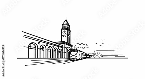 Minimalist depiction of a train arriving at a clock tower station at sunrise