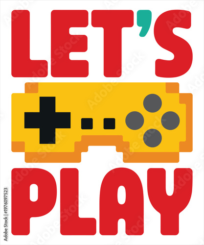 Bold red and yellow "let's play" text with smiling dice