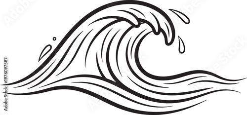 Stylized Sea Wave Outline Vector Black and White Minimal Illustration for Ocean Surf Beach and Water Concept