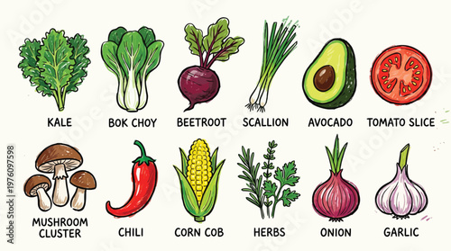 A vibrant illustration showcasing a diverse collection of fresh, healthy vegetables and herbs, artfully arranged for visual appeal.