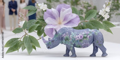 a porcelain rhinoceros, covered in intricate floral designs and surrounded by blooming flowers