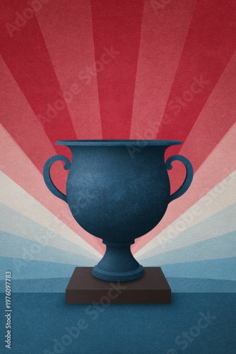 ancient greek cup against a red and blue background with sun rays