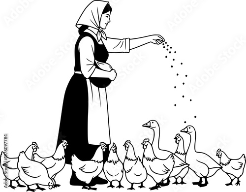Rural Woman Feeding Poultry Silhouette Farm Life Egypt Village Agriculture Black Vector