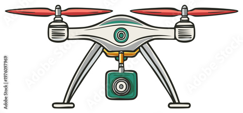 Hand-drawn cartoon illustration of a modern quadcopter drone with a video camera for aerial photography