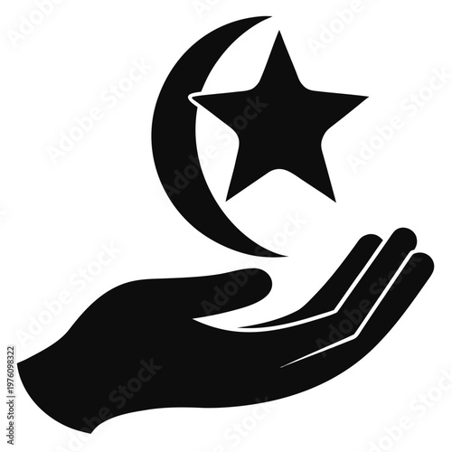 Islamic symbol of a crescent moon and a five pointed star held by a human hand silhouette Vector