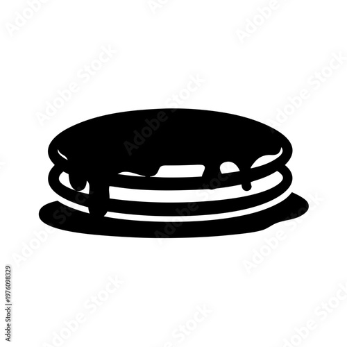 Black and white silhouette illustration of a stack of three delicious pancakes with syrup dripping Vector