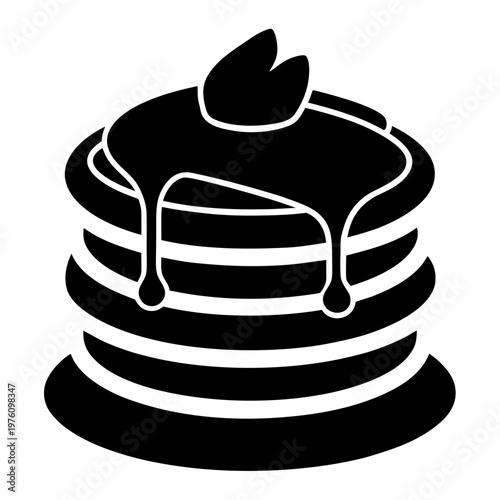 Black and white silhouette icon of a stack of delicious pancakes with syrup on a plate. Vector