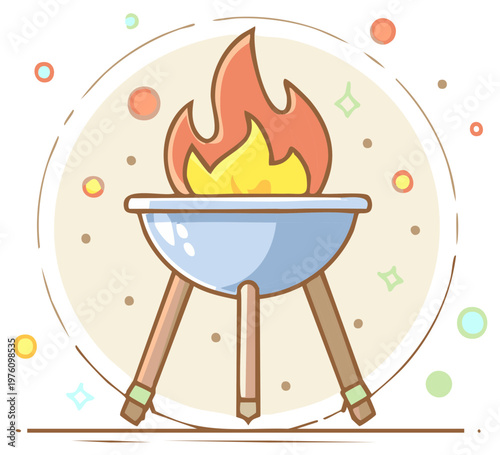 Cartoon barbecue grill with a glowing fire on a colorful background for summer grilling and backyard cookouts