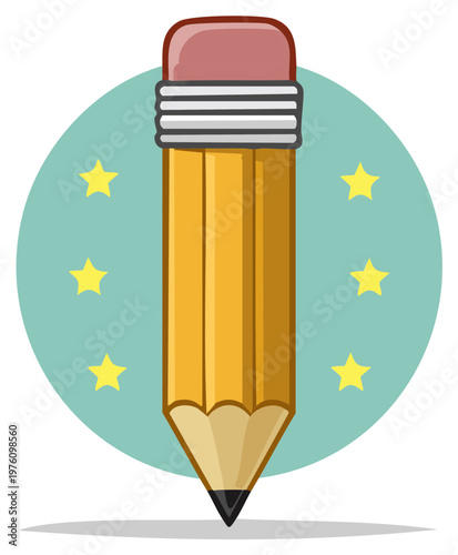 Cartoon style yellow pencil with eraser surrounded by stars on a teal background