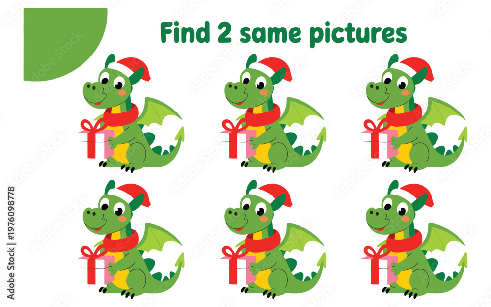 Fototapeta premium Green cartoon dinosaur characters in red hats, find the matching pair puzzle