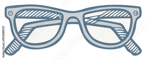 Hand drawn illustration of retro style eyeglasses with gray blue frames. Fashion accessory vector icon.