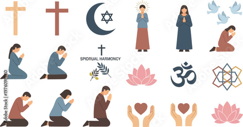 Spiritual harmony iconography presents a comprehensive set of religious figures, kneeling worshippers, lotus flowers, sacred hearts, and various cross and star emblems.