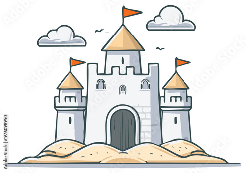 Cartoon castle with flags, clouds, and birds on a beach, isolated illustration.