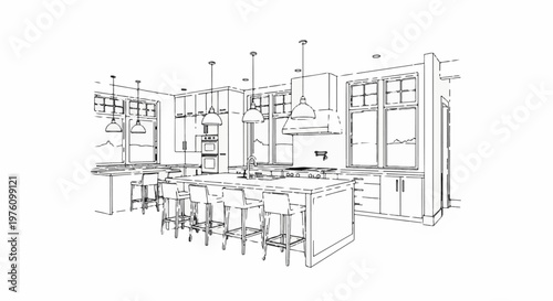 Modern kitchen sketch with island, stools, and large windows
