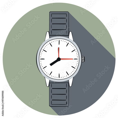 Hand-drawn wristwatch with a red second hand, indicating the time on a gray and green background