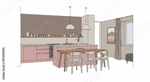 Modern kitchen with pink island, wooden table and chairs, and hanging lamps