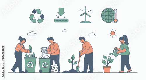 People engaging in various environmental protection activities like recycling, planting trees, and watering plants, with eco-friendly icons.