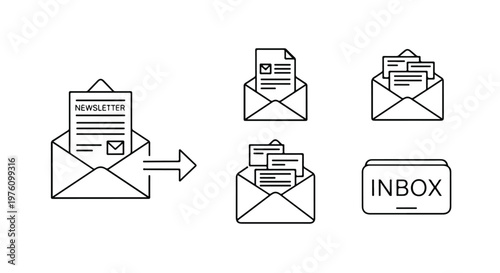 Minimalist email marketing icon set, black line newsletter and inbox vector symbols, professional digital communication and mail correspondence elements