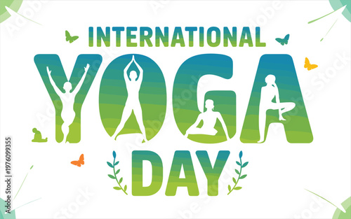 International yoga day celebration with yoga poses and green leaves