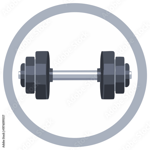 Gym dumbbell with weights stacked on barbell inside circle frame