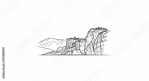 Monastic buildings perch precariously atop sheer rock formations, with distant mountains