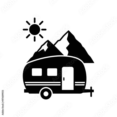 Minimalist camping trailer under sun with mountain silhouette illustration