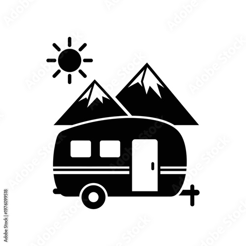 Minimalist camping trailer under sun and mountain peaks illustration