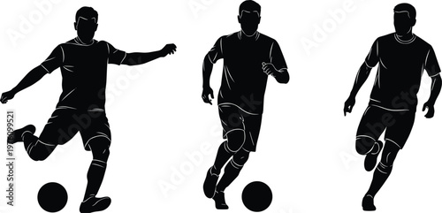 Professional Soccer Player Silhouettes Set Isolated on White Background Featuring Athletes Dribbling Kicking and Running in Action Poses Vector Illustration