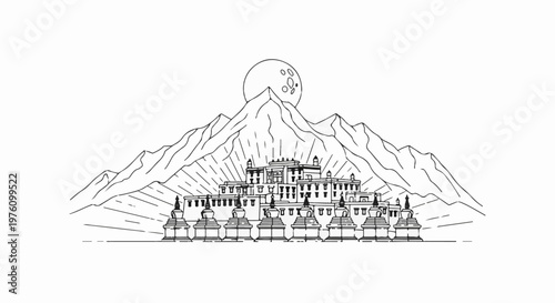 Monastic complex against backdrop of mountains and moonlit sky