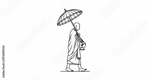 Monastic figure walks with umbrella, holding alms bowl